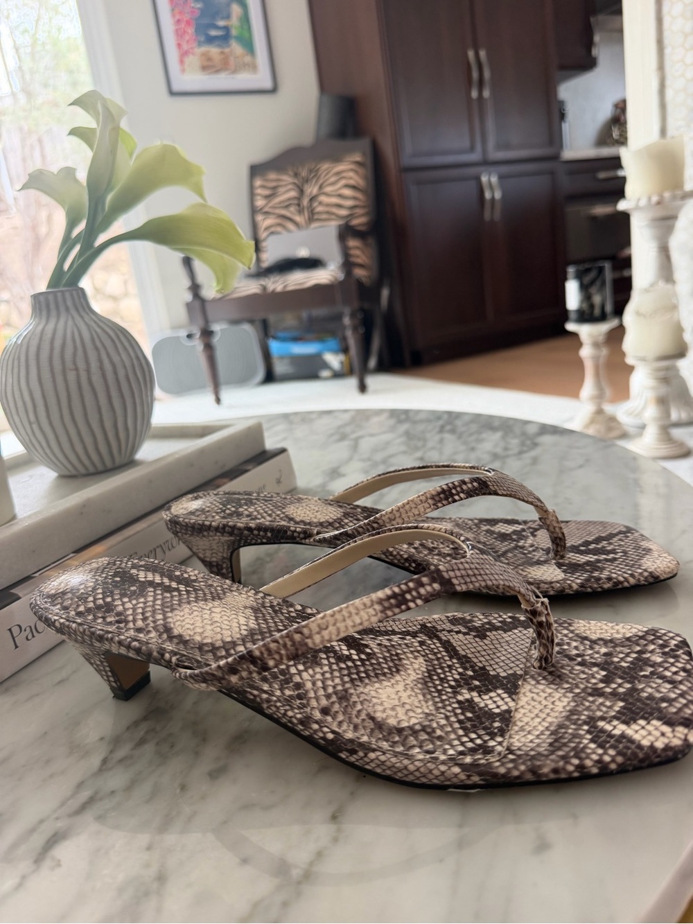 Abercrombie and Fitch- Women’s Snake-Print Thong Kitten Heel Sandals